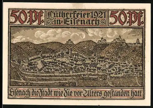 Notgeld Eisenach 1921, 50 Pfennig, Ortsansicht aus der Vogelschau