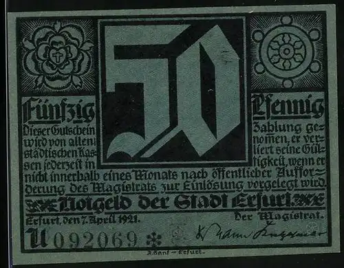 Notgeld Erfurt 1921, 50 Pfennig, Wappen, Martin Luther
