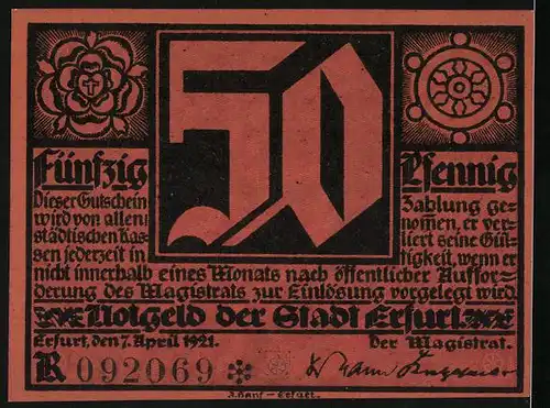 Notgeld Erfurt 1921, 50 Pfennig, Martin Luther, Wappen