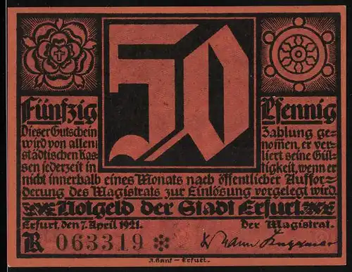 Notgeld Erfurt 1921, 50 Pfennig, Martin Luther, Wappen