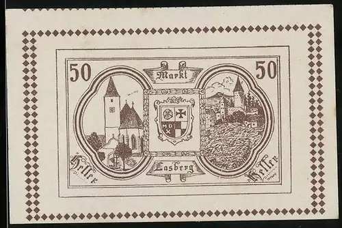 Notgeld Lasberg 1920, 50 Heller, Kirche, Wappen