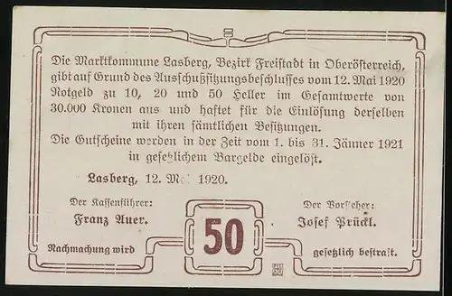 Notgeld Lasberg 1920, 50 Heller, Kirche, Wappen