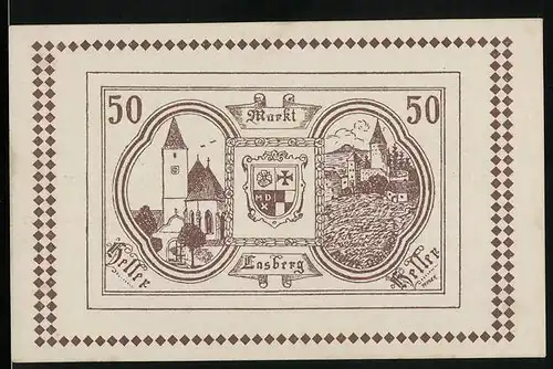 Notgeld Lasberg 1920, 50 Heller, Kirche, Wappen