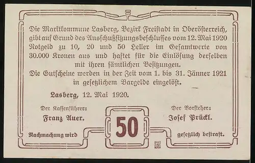 Notgeld Lasberg 1920, 50 Heller, Kirche, Wappen