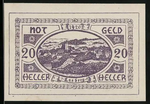 Notgeld Lasberg 1920, 20 Heller, Ortsansicht aus der Vogelschau