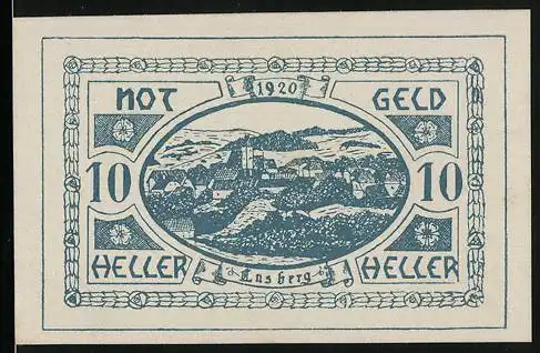 Notgeld Lasberg 1920, 10 Heller, Ortsansicht aus der Vogelschau