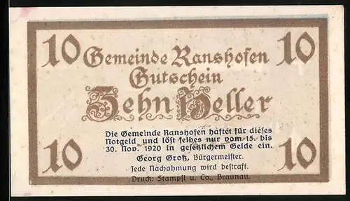 Notgeld Ranshofen 1920, 10 Heller, Ortsansicht im Jahr 1721