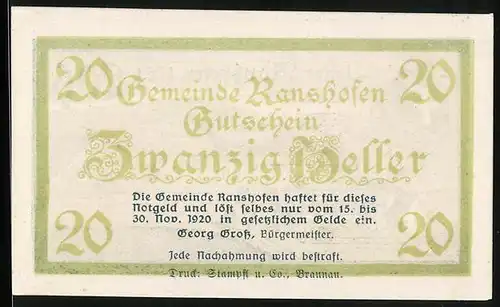 Notgeld Ranshofen 1920, 20 Heller, Ortsansicht im Jahr 1721