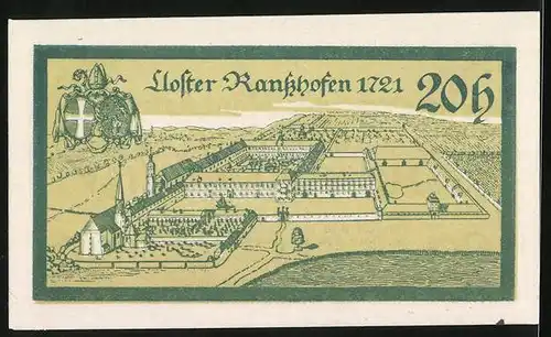 Notgeld Ranshofen 1920, 20 Heller, Ortsansicht im Jahr 1721