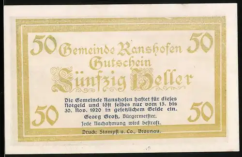 Notgeld Ranshofen 1920, 50 Heller, Ortsansicht mit Kirche