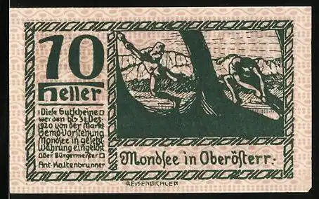 Notgeld Mondsee 1920, 10 Heller, Wappen, Holzfäller