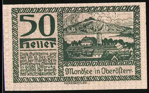 Notgeld Mondsee 1920, 50 Heller, Ortsansicht, Wappen