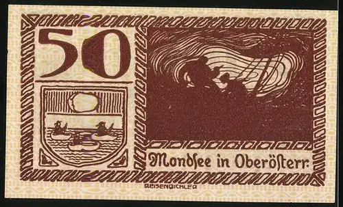 Notgeld Mondsee 1920, 50 Heller, Ortsansicht, Wappen