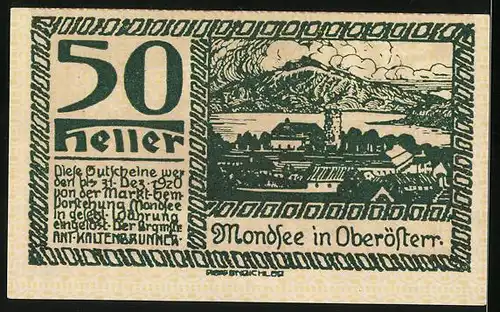 Notgeld Mondsee 1920, 50 Heller, Ortsansicht, Wappen