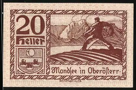 Notgeld Mondsee 1920, 20 Heller, Bauer bei der Feldarbeit