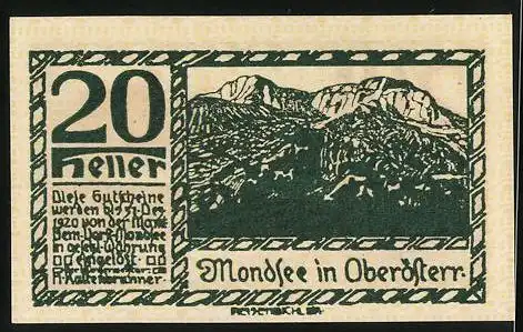 Notgeld Mondsee 1920, 20 Heller, Bauer bei der Feldarbeit