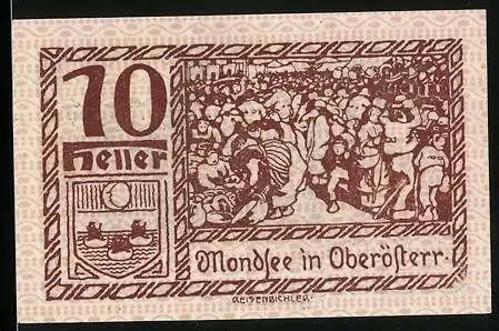 Notgeld Mondsee 1920, 10 Heller, Markttreiben, Wappen