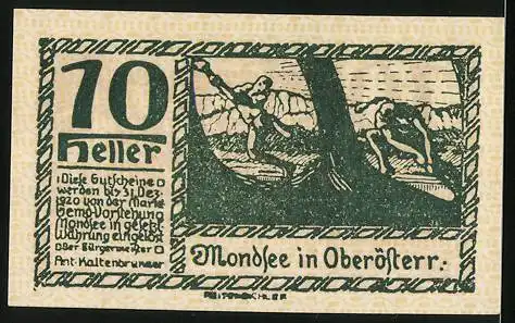 Notgeld Mondsee 1920, 10 Heller, Markttreiben, Wappen