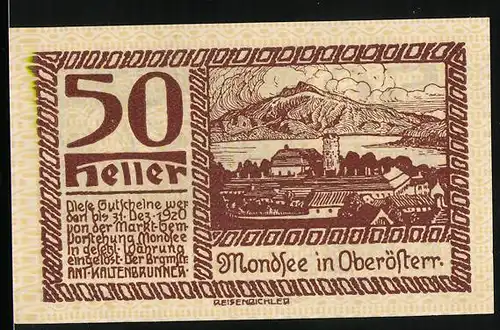 Notgeld Mondsee 1920, 50 Heller, Ortsansicht, Wappen