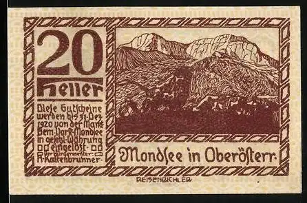 Notgeld Mondsee 1920, 20 Heller, Wappen, Bauer auf dem Feld