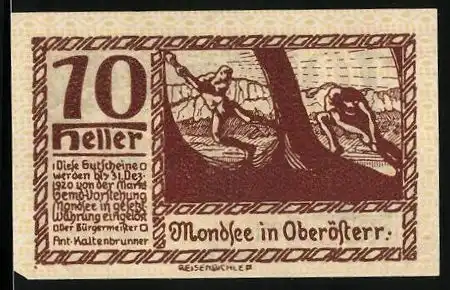 Notgeld Mondsee 1920, 10 Heller, Holzfäller, Wappen