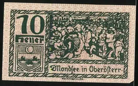 Notgeld Mondsee 1920, 10 Heller, Holzfäller, Wappen