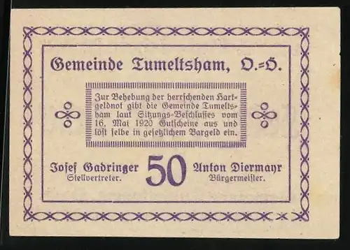 Notgeld Tumeltsham 1920, 50 Heller, Zur Behebung der Hartgeldnot