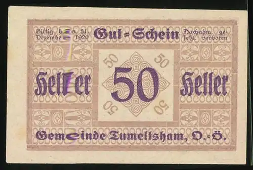 Notgeld Tumeltsham 1920, 50 Heller, Zur Behebung der Hartgeldnot