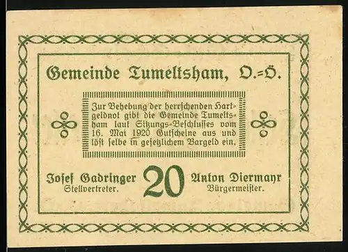 Notgeld Tumeltsham 1920, 20 Heller, Zur Behebung der Hartgeldnot