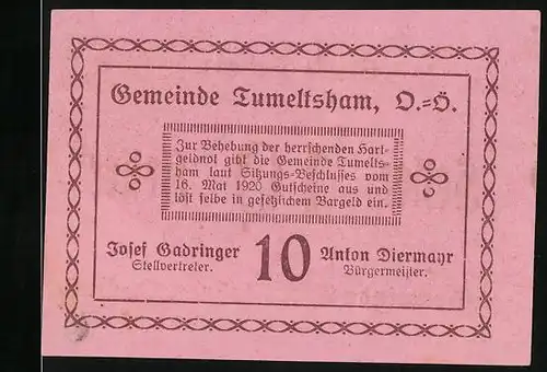 Notgeld Tumeltsham 1920, 10 Heller, Zur Behebung der Hartgeldnot