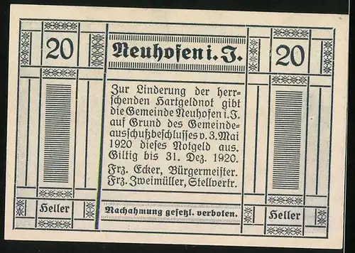 Notgeld Neuhofen i. J. 1920, 20 Heller, Ortspartie mit Kirche