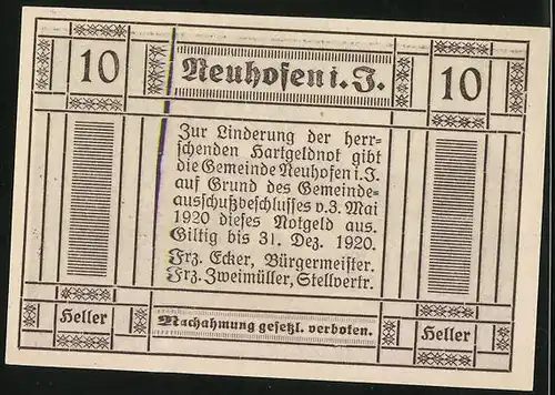 Notgeld Neuhofen i. J. 1920, 10 Heller, Ortspartie mit Kirche