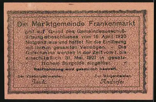 Notgeld Frankenmarkt 1921, 50 Heller, Kirche