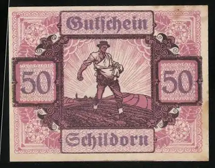 Notgeld Schildorn 1920, 50 Heller, Bauer bei der Aussaat
