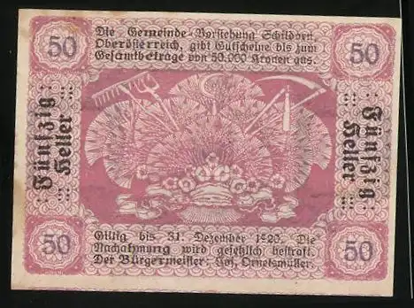 Notgeld Schildorn 1920, 50 Heller, Bauer bei der Aussaat