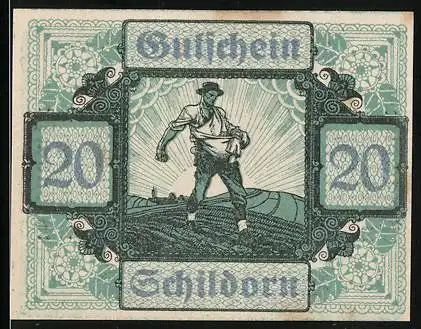 Notgeld Schildorn 1920, 20 Heller, Bauer bei der Aussaat