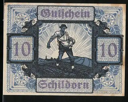 Notgeld Schildorn 1920, 10 Heller, Bauer bei der Aussaat