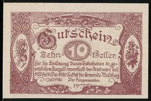 Notgeld Waldburg 1920, 10 Heller, Alte Linz-Budweiser Pferdebahn