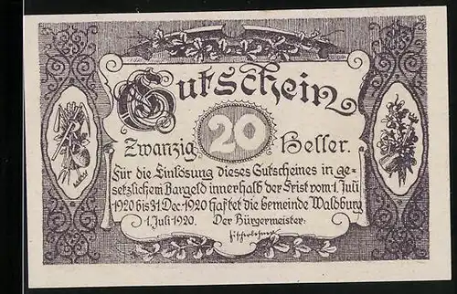 Notgeld Waldburg 1920, 20 Heller, Ortsansicht mit Kirche