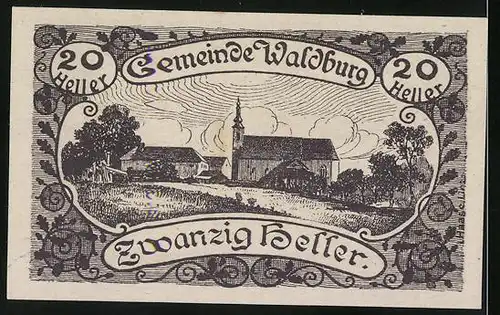 Notgeld Waldburg 1920, 20 Heller, Ortsansicht mit Kirche