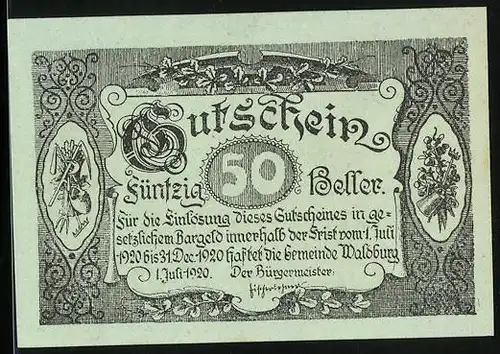 Notgeld Waldburg 1920, 50 Heller, Bauern auf dem Weg zur Arbeit