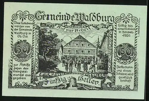 Notgeld Waldburg 1920, 50 Heller, Bauern auf dem Weg zur Arbeit