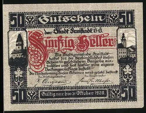 Notgeld Freistadt 1920, 50 Heller, Ortsansicht, Kirche