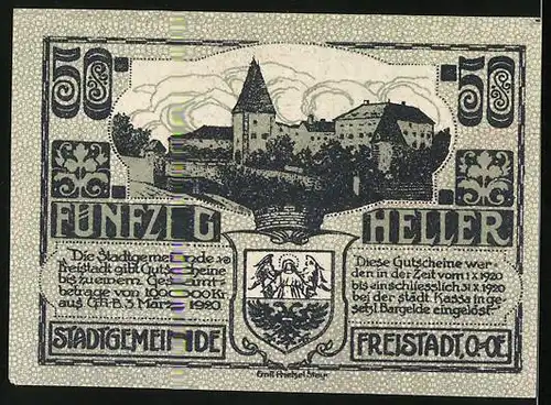 Notgeld Freistadt 1920, 50 Heller, Ortsansicht, Kirche