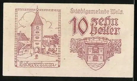 Notgeld Wels 1920, 10 Heller, Ledererturm