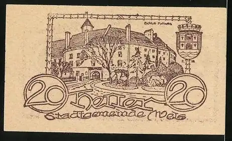 Notgeld Wels 1920, 20 Heller, Schloss, Wappen