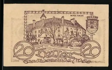 Notgeld Wels 1920, 20 Heller, Schloss, Wappen
