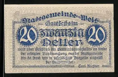 Notgeld Wels 1920, 20 Heller, Schloss Pollheim, Wappen