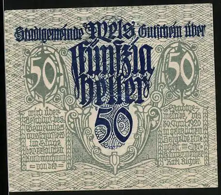 Notgeld Wels 1920, 50 Heller, Bauer mit Pferd