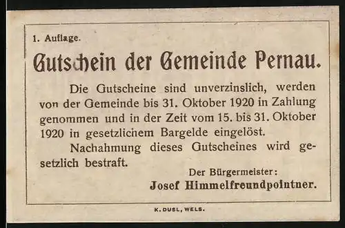 Notgeld Pernau 1920, 20 Heller, Müller mit Mehlsäcken